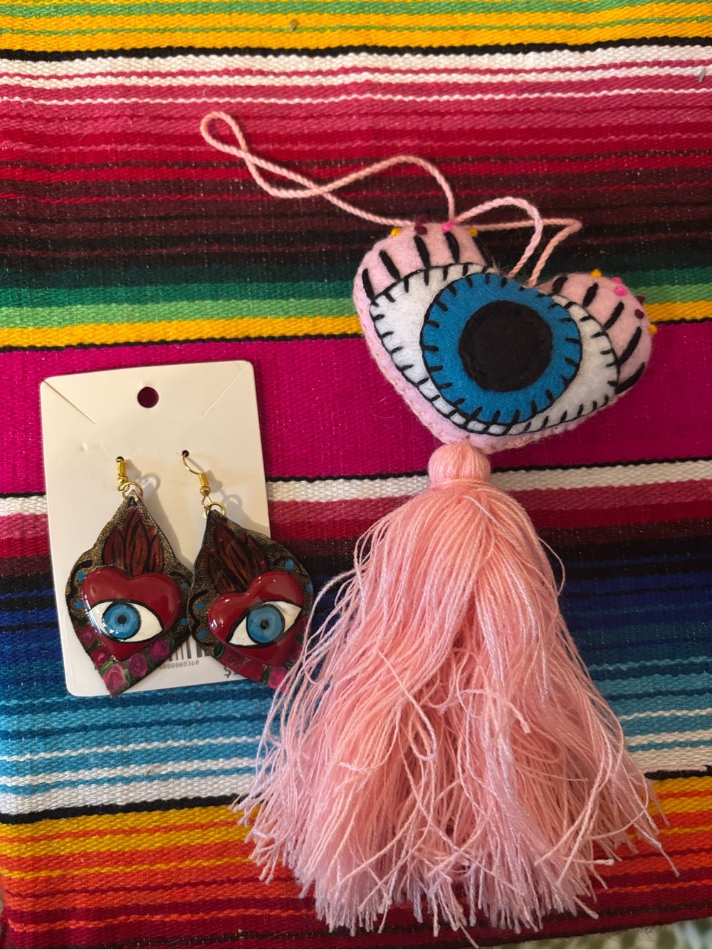 Handcrafted Pink Evil Eye Tassel and Evil Eye Heart Earrings Set